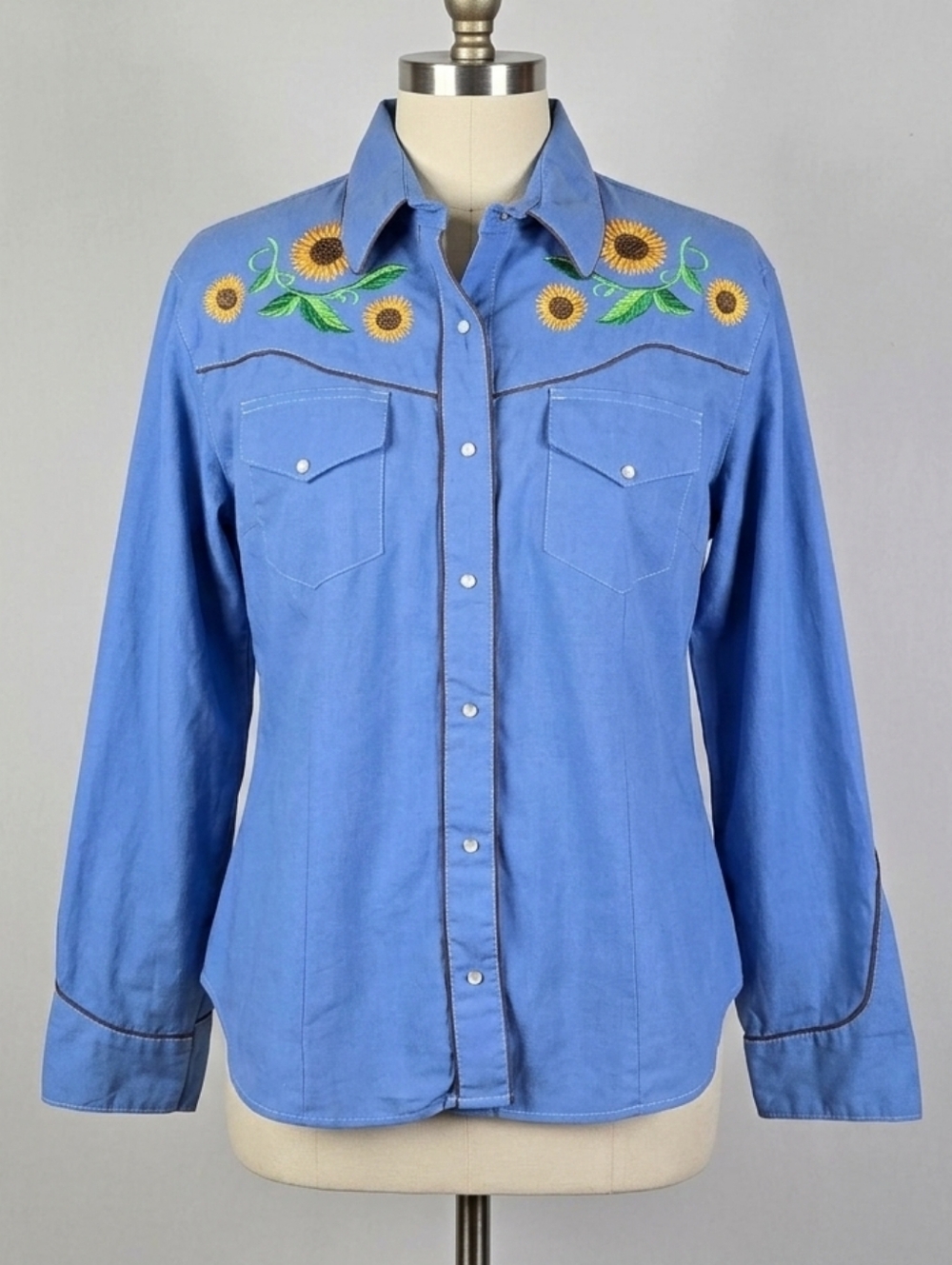 Western Pearl Snap Blouse Womens Size XXL Embroidery Sunflowers Blue Top Mexico